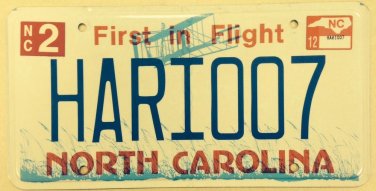 North Carolina vanity HARI 007  license Plate James Bond Harry Harri NC