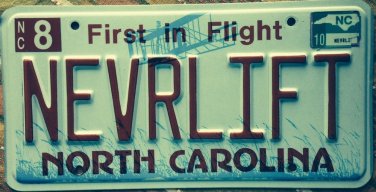 North Carolina vanity NEVER LIFT license plate Speed Racing Sports Muscle Car