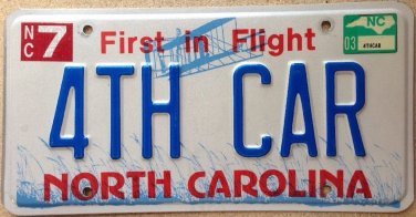 North Carolina vanity FOURTH CAR license plate Sports Luxury Muscle Classic Auto