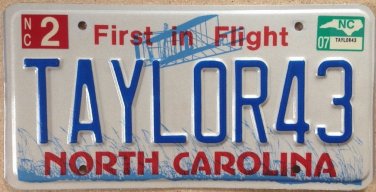 North Carolina vanity TAYLOR 43  license plate Tailor Tayler Tahlor Tyler NC