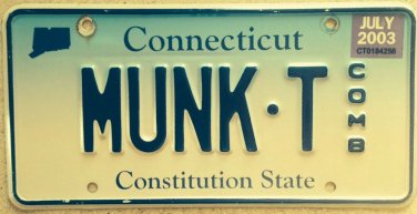 Connecticut vanity MUNK MUNKED license plate Chipmunk Monk Munck Munch Drunk CT