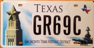 SAN JACINTO MONUMENT license plate Texas Revolution USS Galveston Historic site