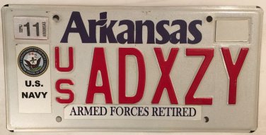 Arkansas U.S. NAVY RETIRED ARMED FORCES VETERAN license plate USN Vet Seal