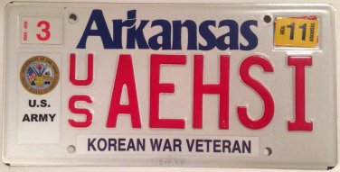 Arkansas U.S. ARMY KOREAN WAR VETERAN license plate Korea US Mitary Vet Infantry