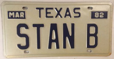 TX vanity STAN B STANLEY license plate 1982 Stanislas Stanlee Stanly Stanlea