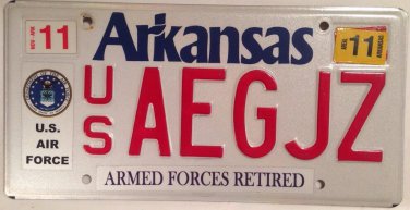 Arkansas AIR FORCE ARMED FORCES RETIRED license plate Airman Pilot Mitary Plane