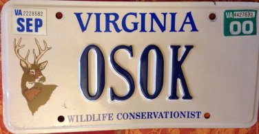 Virginia Wildlife DEER vanity ONE SHOT ONE KILL license plate hunting Hunter
