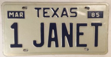 Vanity 1 JANET license plate Janette Jany Janett Jannet Jannett 1985 Jan Janey
