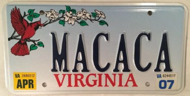 Vanity MACACA MACAQUE MONKEY license plate George Allen racial slur Animal SCV
