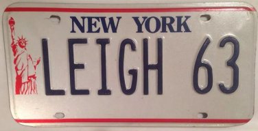 New York vanity LEIGH 63 1963 license plate Leah Lia Lea Leia NY