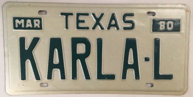 TX vanity KARLA L license plate 1980 Karl Carla Karleen Karley Karlee
