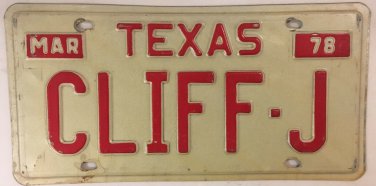 TX vanity CLIFF J CLIFFORD license plate 1978 Clifton Clive Clyff Clift red Dog