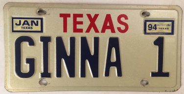 TX vanity GINNA GINA 1 license plate Regina Gena Geena Jenna 1994