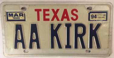 TX vanity AA KIRK license plate 1994 Kirkland Kerk Kirklyn Kirklin Kyrk