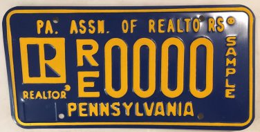 PA REALTOR REAL ESTATE AGENT license plate sample realty RE/MAX Sotheby's ERA 21