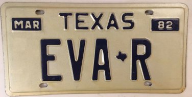 TX vanity EVA R license plate 1982 Geneva Evangeline Evita Evina