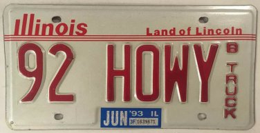 IL vanity 92 HOWY HOWIE HOWARD license plate 1992 Howe Howen Hewie Chicago