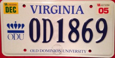 Virginia Old Dominion University MONARCHS license plate ODU Norfolk Big Blue VA