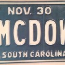 South Carolina vanity MC DOW MCDOW license plate McDowell Mac Do Down MacDowell