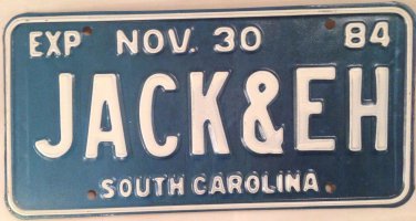 Vanity JACK & EH license plate John Elaine Ellen Emma Ehud Ely Jackie Jackson SC