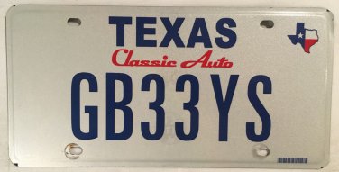 TX CLASSIC AUTO License Plate Antique Historic collector Car Hot Rod GB 33 YS