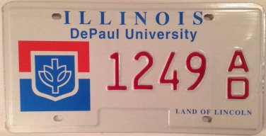 Illinois DEPAUL UNIVERSITY license plate Lincoln Park Chicago Blue Demons Demon