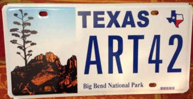 BIG BEND NATIONAL PARK vanity license Plate ART 42 Arthur Arty Arturo 1942 Artie
