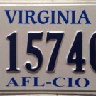 VA TRADE UNION LABOR AFL CIO license plate Minimum Wage Worker rights bargaining
