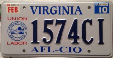 VA TRADE UNION LABOR AFL CIO license plate Minimum Wage Worker rights bargaining