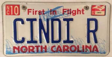 NC vanity CINDI CINDY R license plate Cinthya Lucinda Cindie Cyndy Cyndie Cindee