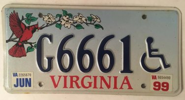 Rare HANDICAP WILDLIFE CARDINAL license plate Wheelchair Triple 6 666 repeating