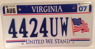 VA UNITED WE STAND license plate America Remembers 9/11 September 11 Terrorism
