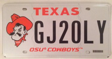 Texas OKLAHOMA STATE UNIVERSITY OSU COWBOYS license plate Cowboy Pistol Pete OK