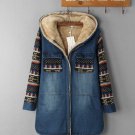 Long Denim Jacket for Women Tribal Patches Thick Warm Winter Tunic Coats