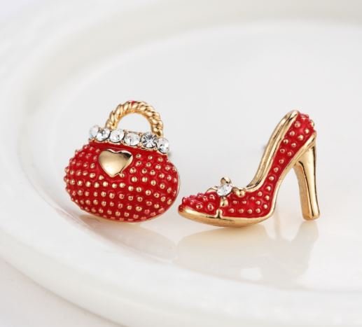Red Earrings Asymmetric High Heel Shoe Bag Stud Earrings for Women Crystal Rhinestone