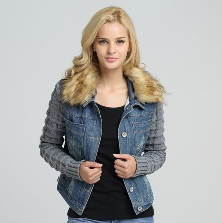 Size L Denim Jackets for Teen Girls and Women with Detachable Thick Fur