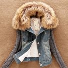 Rsslyn SALE! Cropped Denim Jacket with Lamb Fur Knitted Sleeves
