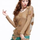 SALE Light Brown Sweater for Women Fashion Sheer Sleeves Polka dot Blouses