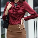 Pleated Collar Unique Burgundy Blouses for Women Classic Style Free Shipping Office  Blouses