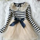 Navy Blue Thanksgiving Christmas Dress for Girls Striped Dress Sequined Golden Peter Pan Collar