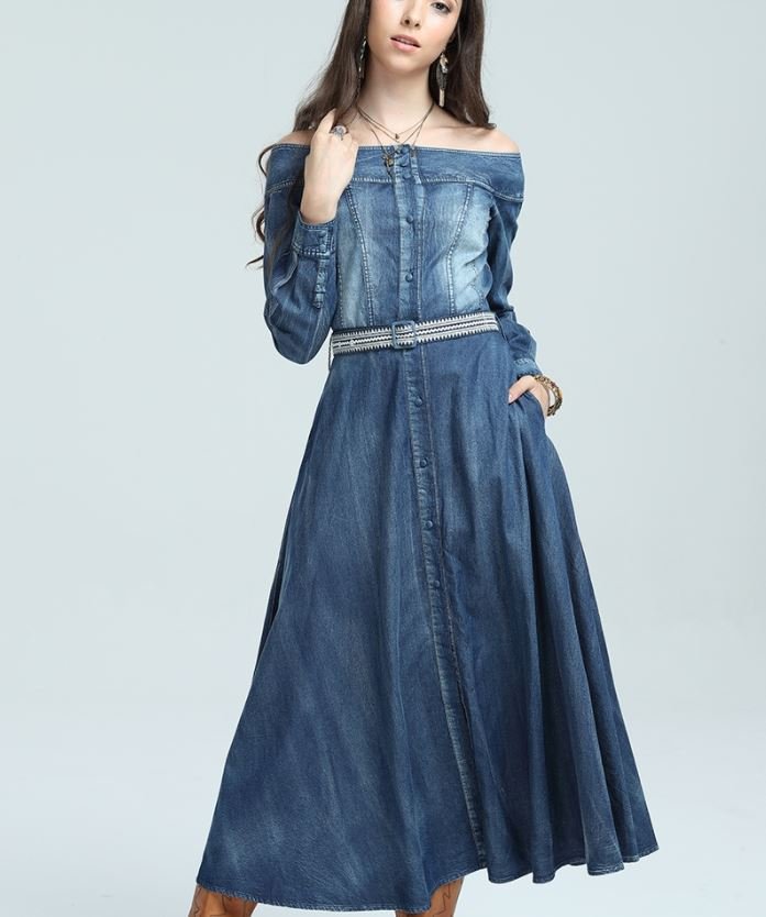 RSS Boutique Off Shoulder Denim Maxi Dress for Women Western Style Denim Dresses