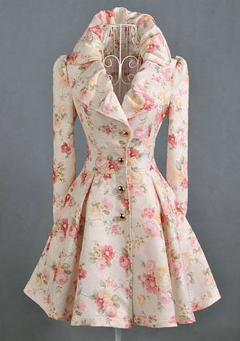 Peach Floral Trench Coats-High End Elegant Coats for Women-Fashion Pleated Trench Coats