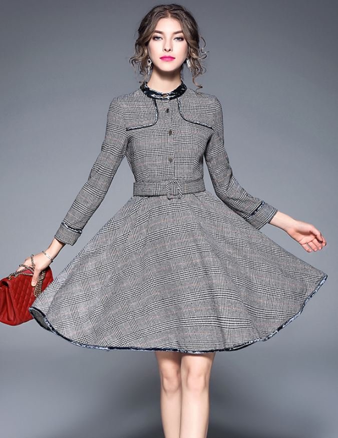 Women's Gray Dress Houndstooth Pattern Checkered Plaid Design Small Size Dress