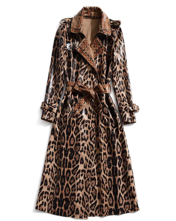 New Trendy Coats for Women Leather Brown Overcoats for Women Leopard and Snake Skin