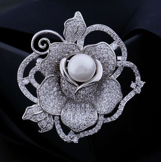 Silver Rose with One Giant Pearl Silver Brooch for Women Wedding Pins and Brooches
