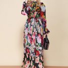 Multicolor Floral Dress Fashion Runway Long Sleeve Maxi Dress Women's elastic Waist Floral Print