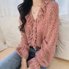 On Hand Red Blouses for Women Printed Little Roses Fashion Ruffled Blouse Spring Time