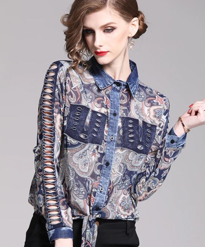 Rsslyn Denim Blouses with Paisley Pattern Pretty Blouses for Women Hollow Sleeves