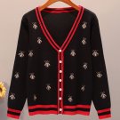 Black Sweater with Embroidered Golden Bees Cotton Stretchable Fall Spring Black Cardigan for Women