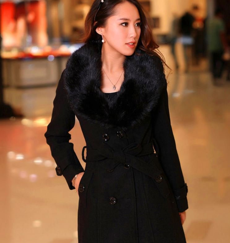 Ready to Ship Black Overcoats Fur Collar On Hand Items Black Wool Overcoat for Women with Black Belt